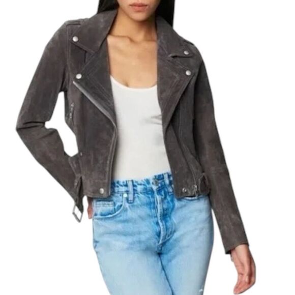 Blank NYC WMNS XS Grey Suede Leather Button Zip Moto Jacket Spring Biker Luxury